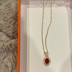 Elegant Gold Necklace with Red Gemstone Pendant. Moissanite 925 silver